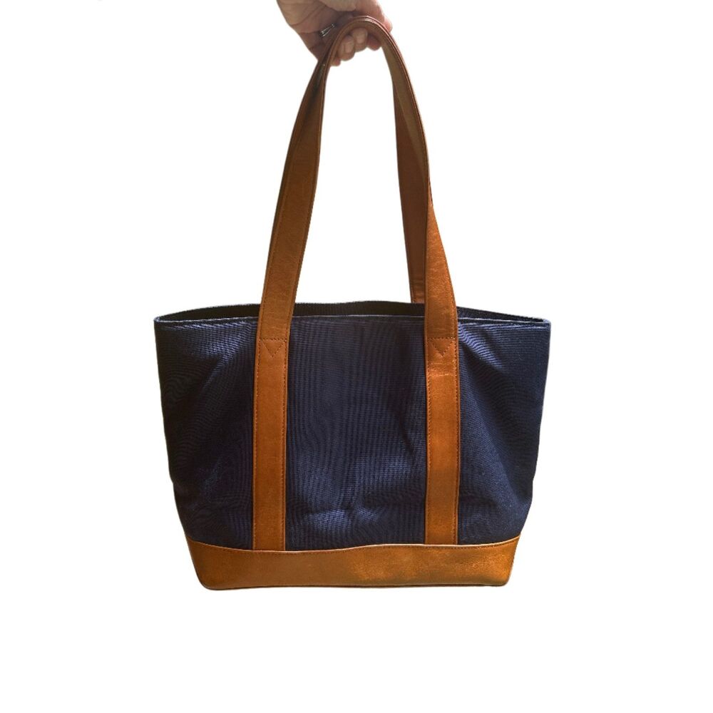 Vintage L.L. Bean Town and Field Tote Bag - Navy Blue Nylon & Cognac Leather